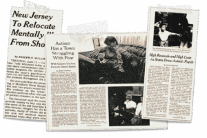 Collage of old newspaper clippings with headlines on autism, disability, and families in New Jersey.